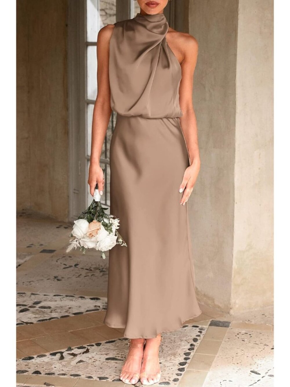 Women's Champagne Summer Satin Elegant Sleeveless Mock Neck Cocktail Maxi Dress - Picture 2 of 6